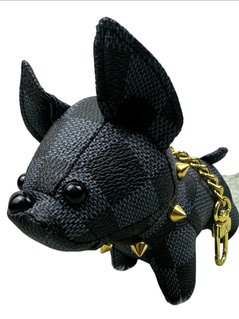 Plush Black Check Dog Keychain with gold tone hardware